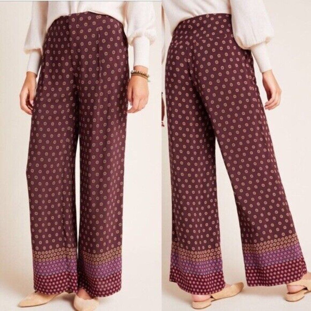 Anthropologie Marsden Wide-Leg Pants Graphic Abstract Maroon 14 XL